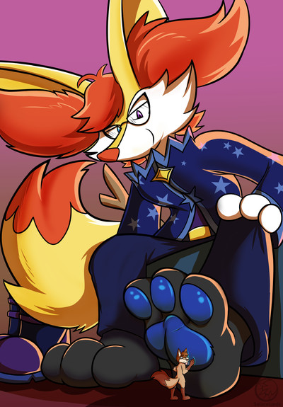 A large braixen with an indigo-colored starry coat, glasses, and blue-purple heterochromic eyes stares down smugly, his paws being licked by a shrunken brown fox
