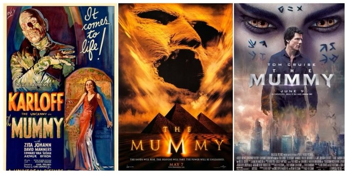 Pictured are posters for various films in The Mummy franchise (1932, 1999, and 2017).