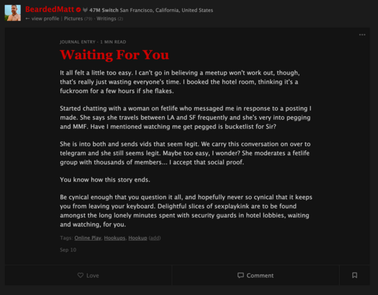 Screenshot of Fetlife.com post titled "waiting for you" in red with text in white on a black background.