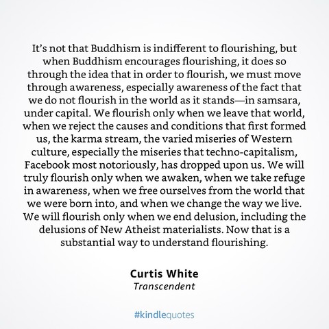 Text: It’s not that Buddhism is indifferent to flourishing, but when Buddhism encourages flourishing, it does so through the idea that in order to flourish, we must move through awareness, especially awareness of the fact that we do not flourish in the world as it stands—in samsara, under capital. We flourish only when we leave that world, when we reject the causes and conditions that first formed us, the karma stream, the varied miseries of Western culture, especially the miseries that techno-capitalism, Facebook most notoriously, has dropped upon us. We will truly flourish only when we awaken, when we take refuge in awareness, when we free ourselves from the world that we were born into, and when we change the way we live. We will flourish only when we end delusion, including the delusions of New Atheist materialists. Now that is a substantial way to understand flourishing.
