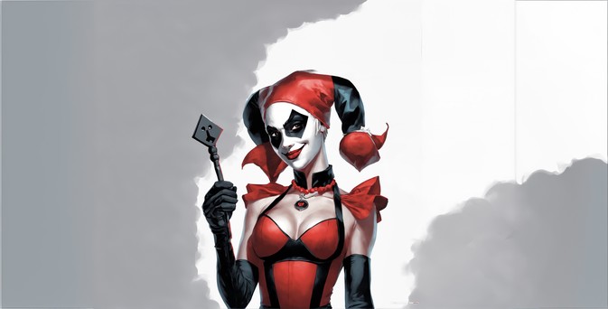 Harley Quinn holding up a silver object, possibly a key. AI art.