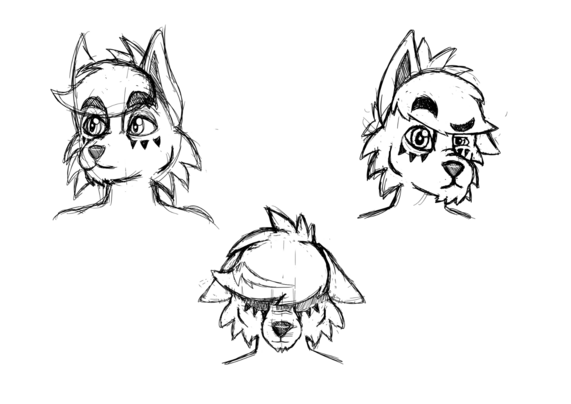 Three doodles of my fursona Demi (a folf). One is him looking at the left with a neutral expression, the other imitates The Rock's shock face (one eyebrow raised, the other lowered, looking at the viewer) and the last one is him looking down, eyes covered by the shadow casted by his hair.