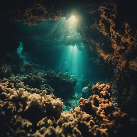 An image generated by Stable Diffusion, with the prompt "Photograph of an underwater cave, indie, wallpaper, bokeh, shallow depth of field, ektachrome, cinematic color grading"