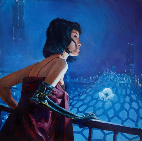 Woman with cybernetic mechanical arm looks on the balcony at the distant skyline of a foggy futuristic night city with blue neon light. Contrast between red robes, warm olive skin and cold sky.