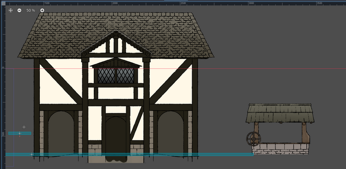 A screenshot from Godot showing a medieval-inspired house and a well for a platformer game.