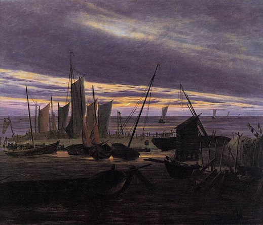 A group of small ships sit in a harbor. Overhead is a sky marked by bands of clouds, mostly gray, with a small bit of sun visible near the horizon. A few boats are visible out on the water, presumably heading home. The canvas is dominated by evening colors of gray, blue, and brown, and is commonly viewed as a parable of life, with the boats representing people coming to their spiritual homes at the end of the day.