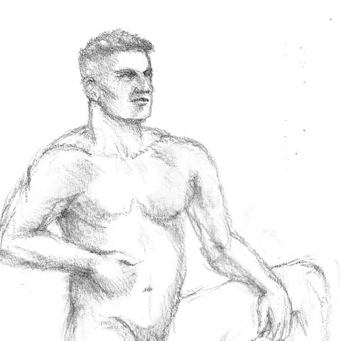 pencil drawing of seated male figure