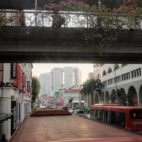 Picture taken from top of double decker bus showing the top of another bus in the foreground, a pedestrian overhead bridge with bougainvillea hanging by the side, and low lying shop houses and tall residential buildings in the background.