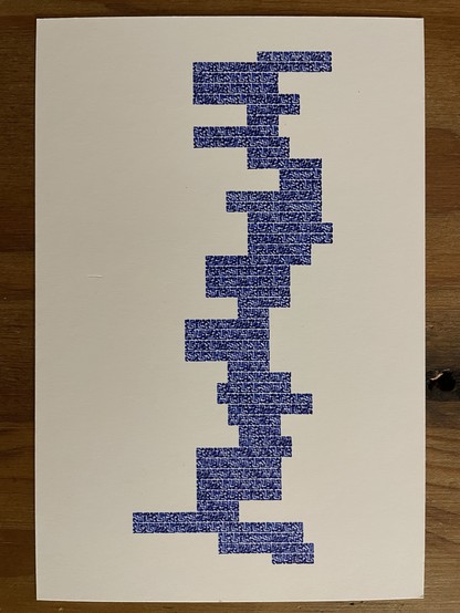 A visualization of the following poem as a maze: vowel sounds are represented as a series of square acyclic mazes, connected in order of poem appearance (line breaks create a serpentine pattern).