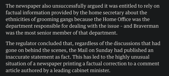 A screenshot from a Guardian news article detailing how the Home Secretary's own statements about her portfolio are outrightly false, and how newspapers defending their reporting based on it being facts as disseminated by a Minister has failed the test of truth.