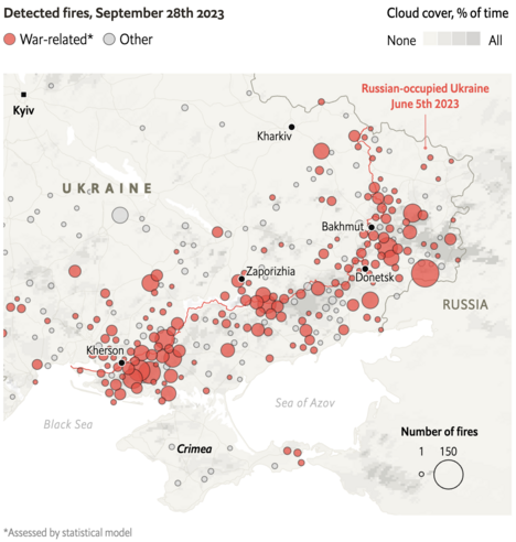 A map of Eastern Ukraine showing location of fires detected by NASA’s FIRMS satellites for September 28, 2023, and classified as war-related by The Economist’s ML algorithms.