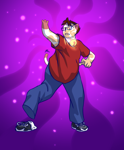 Someone in a red T shirt and blue pants, mid-transformation into puppycat, reacting to the transformation with surprise. The movement of the ear to a new location is also displacing his glasses. He lost a sock and a shoe. Puppycat's collar and bell are glowing, as though fueling the transformation.