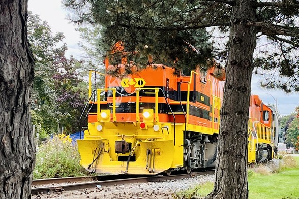 A striking pair of orange, black and yellow locomotives approach framed between two pines—they are very nearly on top of us. A low, heavily-needled pine bough blocks the cabin on the lead loco like a wild lock of hair hiding the gaze of some counterculture character. The sound is of a heavy waterfall we might fly by as birds—it rises to a violent pitch, then falls.