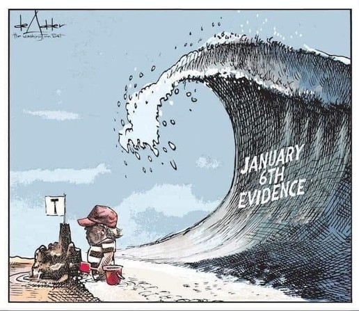 Cartoon...  a huge tsunami wave is curling over and about to crash on a dry beach where a tiny Donald Trump is playing with his sand castle....

The wave is labelled: 
"January 6th Evidence"