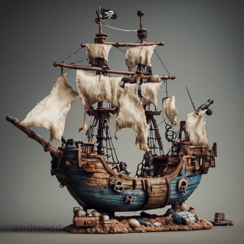 An image generated by Stable Diffusion, with the prompt "Plastic toy of a pirate ship, grunge, HQ, 4k resolution, uhd"
