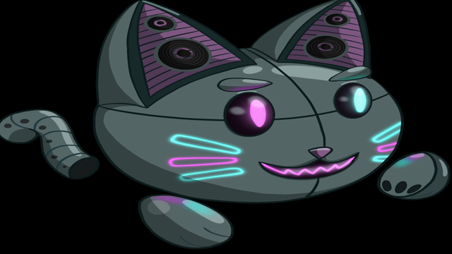 Small animate cat robot that is floating.  Main body is gray.  Has blue and pinkish glowing eyes and pink glowing mouth teeth.  Glowing whisker markings too.
