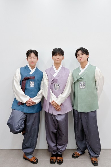 Wow, Junhee, and Donghun of A.C.E wearing hanbok (traditional Korean clothing)