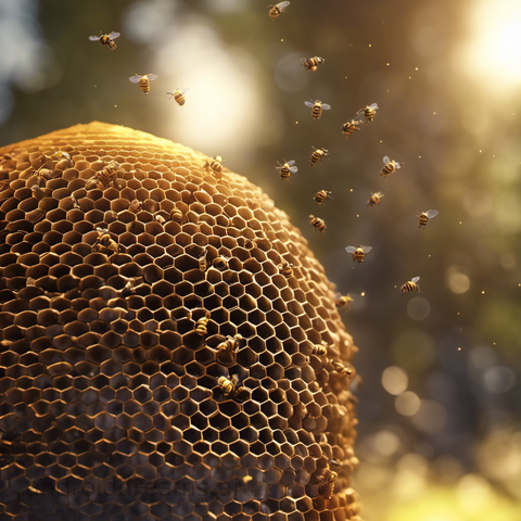 An image generated by Stable Diffusion, with the prompt "3D render of a beehive, bokeh, shallow depth of field, god rays, unreal engine"