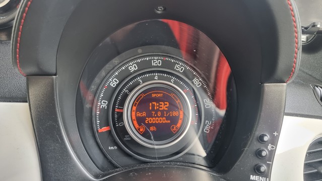 Abarth 500 Esseesse instrument cluster with 200,000km on odometer