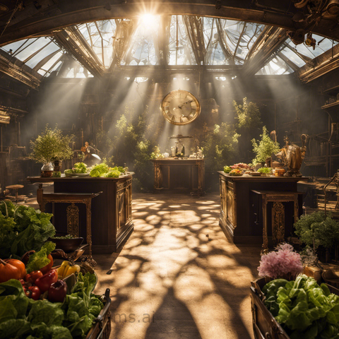 An image generated by Stable Diffusion, with the prompt "Theatrical set of salad, steampunk, in the distance, god rays, bloom"