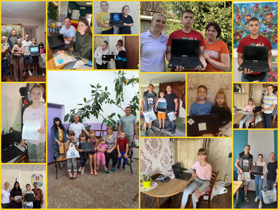 Collage aus Fotos aus dem Raum Kiew. Sie zeigen Schüler und Schülerinnen, die Laptopspenden von Rotary Ukraine erhalten.