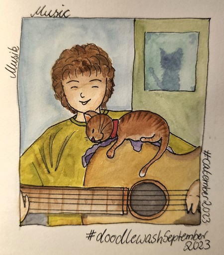 Aquarell: Junge spielt Gitarre. Auf der Gitarre liegt eine kleine Katze und schläft. Beschriftung weist darauf hin, dass das Bild zum Begriff Musik entstanden ist, der zwei Zeichenherausforderungen entnommen worden ist.