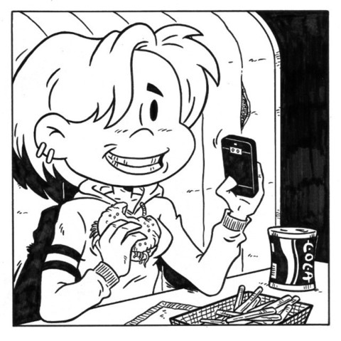 Black and white cartoon illustration of a young woman sitting in a fast food restaurant booth. She holds a half eaten burger in her right hand and a mobile/cell phone in her left.
On the table in front of her is a  can of cola and a basket of chips/french fries.