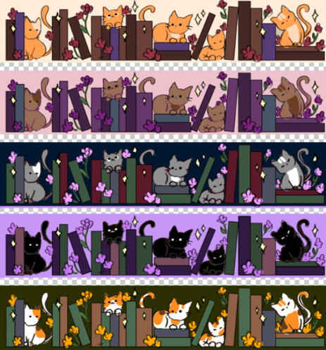 Sketch of a row of books with flowers and cats in five different colorways, arranged vertically: top has orange cat with books in muted colors and red flowers, then brown cat with purple books and flowers, then silver cat with emerald colored books and blue background, then black cat with also emerald colored books and purple background, and lastly a calico cat with orange flowers and muted secondary colored books.