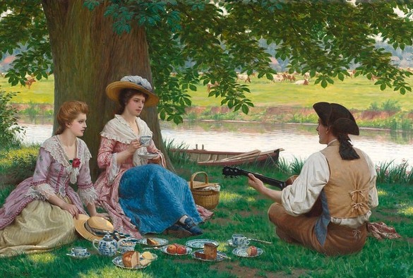 Three young people having a picnic by the river wearing fashionable clothes with teapot guitar food and