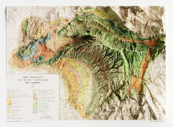 carte du mont ventoux du 19e siècle avec le relief des montagnes exagéré par 3D