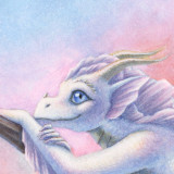 Illustration of a cute white-ish dragon with blue eyes, golden horns and light pink fins (head). The dragon is smiling, head facing sideways, while their eyes clearly look at the beholder. The colour scheme revolves around light pink, light blue and very light yellow tones.