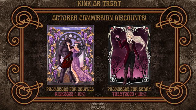 Promotional image for October commission discounts. It has two illustrations I made last year: art nouveau illustration of a beautiful girl together with minotaur and illustration of a vampire.
