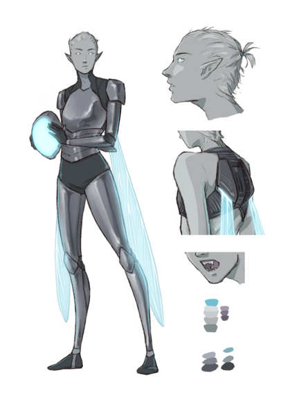 Character sheet of a scifi fairy with grey skin and hair and glowing blue wings wearing metallic armor.