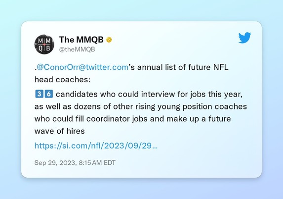 .@ConorOrrâ€™s annual list of future NFL head coaches:

3ï¸�âƒ£6ï¸�âƒ£ candidates who could interview for jobs this year, as well as dozens of other rising young position coaches who could fill coordinator jobs and make up a future wave of hires 

https://t.co/6XyXmcSj9i