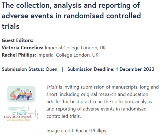 The collection, analysis and reporting of adverse events in randomised controlled trials
Guest Editors:
Victoria Cornelius: Imperial College London, UK
Rachel Phillips: Imperial College London, UK

Submission Status: Open   |   Submission Deadline: 1 December 2023

Trials is inviting submission of manuscripts, long and short, including original research and education articles for best practice in the collection, analysis and reporting of adverse events in randomised controlled trials.

Image credit: Rachel Phillips