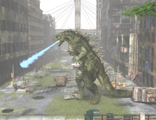 A small godzilla looking monster breathing blue flames in an abandoned post apocalypse looking city