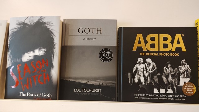 Bookshop bookshelf with Season of the Witch: the Book of Goth, Goth: a History and ABBA the Official Photo Book face out