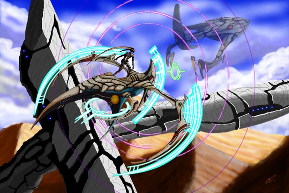 A fan art of a drone riding on the back of an original Panzer Dragoon dragon and an original pure-type creature in the background.