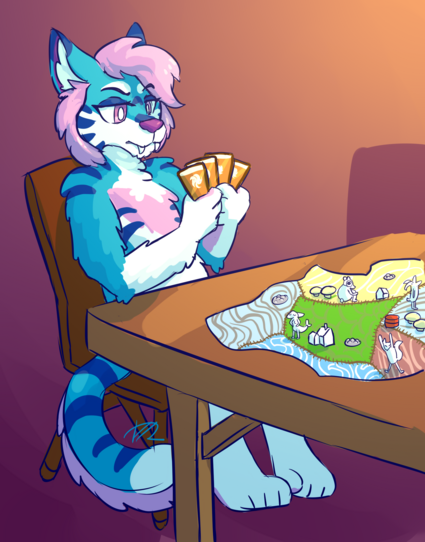 Freyveil the sabercat (anthropomorph) is blue and cotton candy pink, and white. She's holding 4 cards and playing a board game called Spirit Island. She's thinking hard about what to play from her hand.