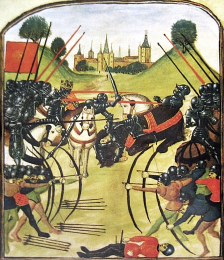 A medieval battle with knights and archers