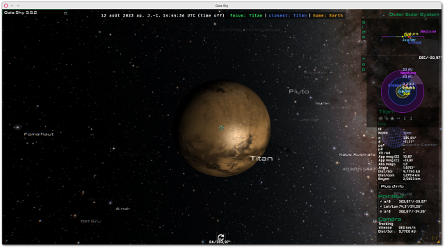 A view of its UI with a view of the planet Titan, using bump mapping and showing even reflections, all in real time on an ordinary PC configuration.

Gaia Sky is a libre, multi-platform, real-time 3D astronomical visualization tool, developed for ESA's Gaia mission to map 1,46 billion stars in our galaxy, within the Gaia group of the Astronomisches Rechen-Institut (ZAH, Universität Heidelberg). It features galaxy and asteroid exploration, 6D exploration (star positions, proper motions, radial velocities), planet surface exploration (procedural generation of surface, clouds and atmosphere). It offers advanced H.R. graphics (virtual textures, reflections, shadows, etc.), 3D support (6 stereo modes including VR), several 360° projection and planetarium modes, data import, real-time filtering, SAMP compatibility, gamepads, camera paths. Finally, it's scriptable, extensible and internationalized.