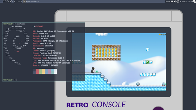 Captura mostrando la terminal de Xfce sin bordes y el fondo de pantalla.

DiseÃ±e el fondo de pantalla a partir de una creaciÃ³n anterior.