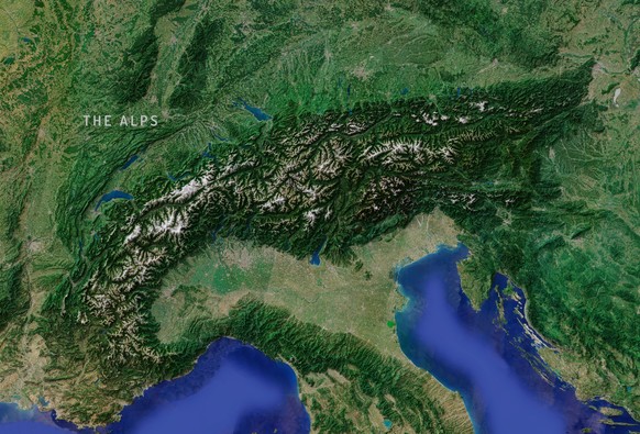 Shaded relief map of the Alps covered with cloudless satellite imagery.