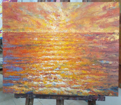 an impressionist-style painting of a sunset on a large body of water, lots of yellow and white and blue
