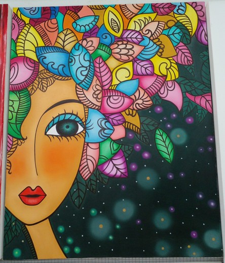 painting of a woman's head, lots of leaves in her hair painted in many different colors, she looks like a depiction of Mother Nature, stars are against a black background