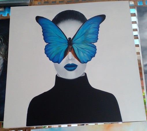 modern-style black and white painting of a woman on a white background, she is wearing a turtleneck and has a giant butterfly resting on her face, the butterfly and her lips are the only things that're blue