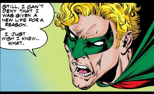 A determined looking young Alan Scott as Sentinel says, "Still, I can't deny that I was given a new life for a reason. I just wish I knew...what."