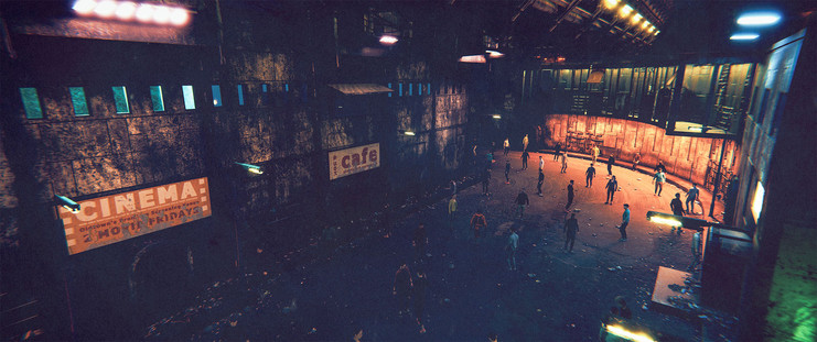 Wide shot - exterior, night -

One of the streets of Spacerton, after the sun goes down. A small crowd is out, looking to unwind after work, or after making the jump to the planet. It feels very seedy, with trash on the ground and garish lights to draw the attention of passersby.