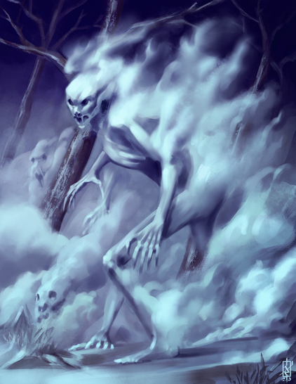 A commissioned illustration by Hector Rodriguez depicting a ghostlike humanoid stalking a benighted, leafless forest in a spooky blue mistbank. The creature seems to be made of the mist itself and terrifying, deathlike visages form in the mists around it.