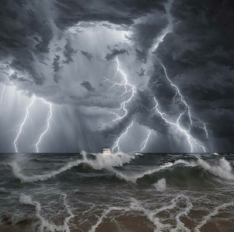Boat in the middle of ocean with lightning storm,